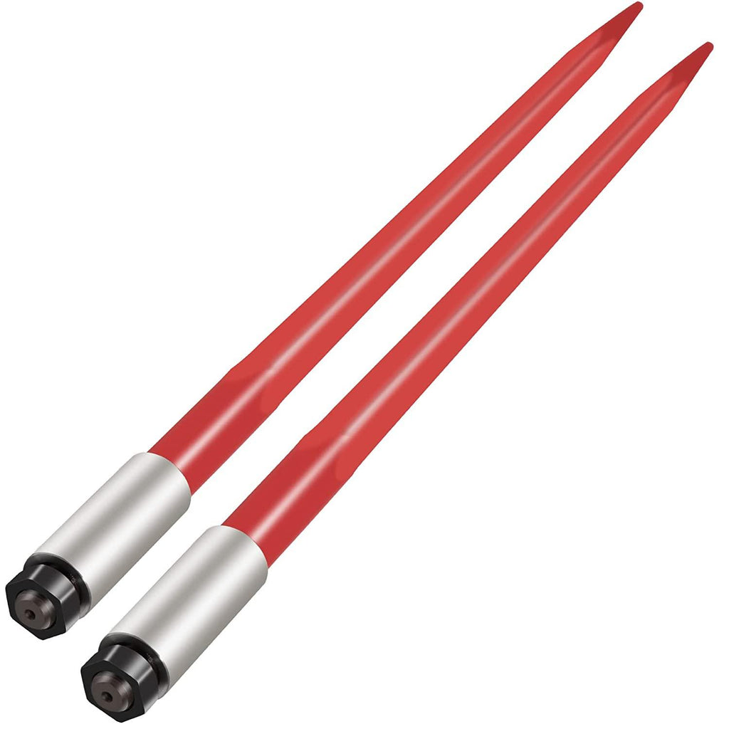mophorn pair hay spear 39" bale spear 3000 lbs capacity, bale spike quick attach square hay bale spears 1 3/4", red coated bale forks, bale hay spike with hex nut &amp; sleeve for buckets tractors loaders