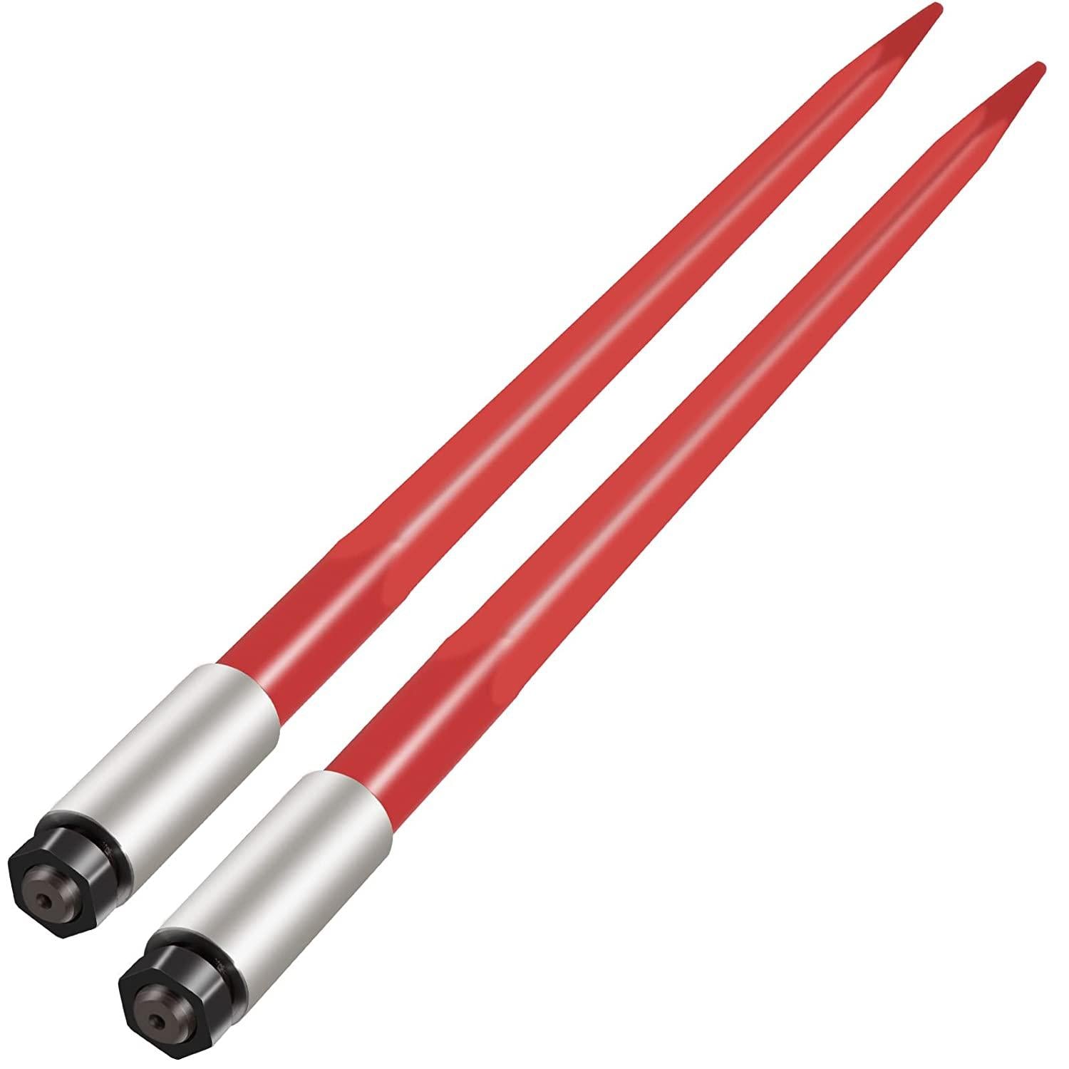 mophorn pair hay spear 39" bale spear 3000 lbs capacity, bale spike quick attach square hay bale spears 1 3/4", red coated bale forks, bale hay spike with hex nut &amp; sleeve for buckets tractors loaders