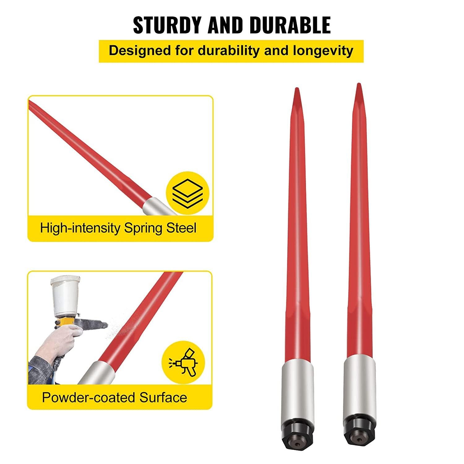 mophorn pair hay spear 39" bale spear 3000 lbs capacity, bale spike quick attach square hay bale spears 1 3/4", red coated bale forks, bale hay spike with hex nut &amp; sleeve for buckets tractors loaders