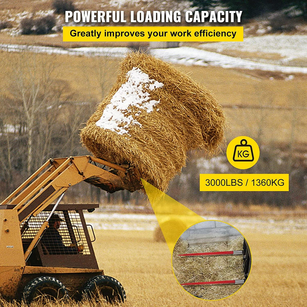 mophorn hay spear 49" bale spear 3000 lbs capacity, bale spike quick attach square hay bale spears 1 3/4" wide, red coated bale forks, bale hay spike with hex nut &amp; sleeve with 2 stabilizer spears
