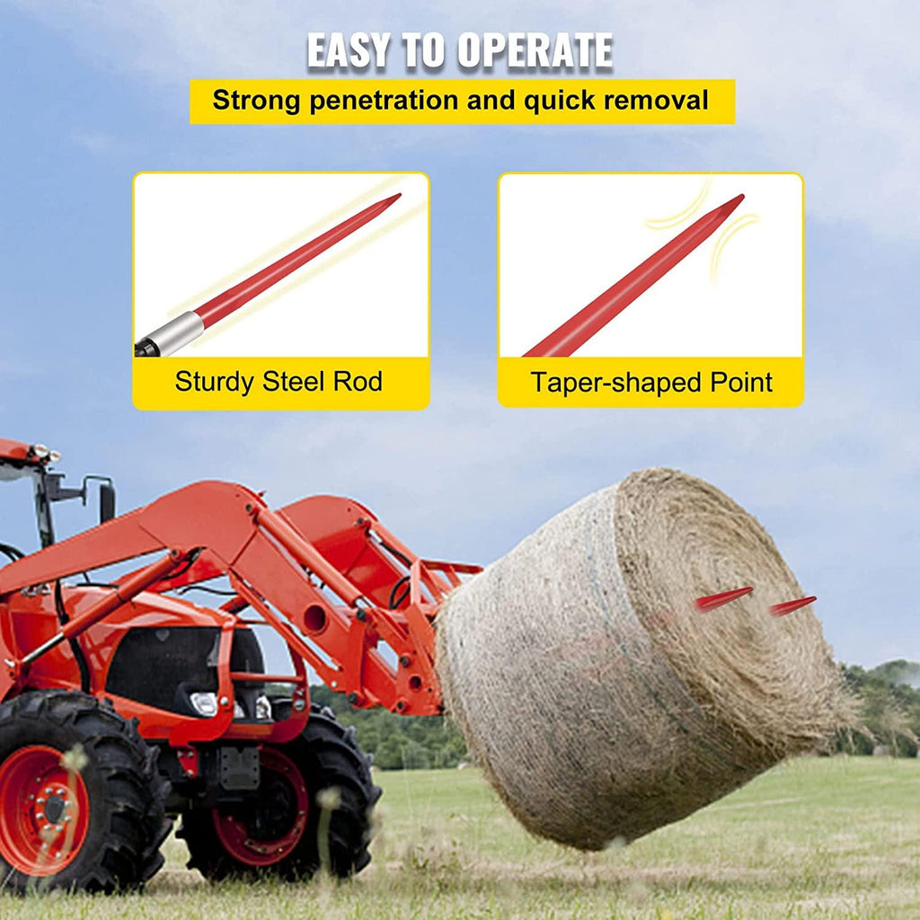 mophorn pair hay spear 39" bale spear 3000 lbs capacity, bale spike quick attach square hay bale spears 1 3/4", red coated bale forks, bale hay spike with hex nut &amp; sleeve for buckets tractors loaders