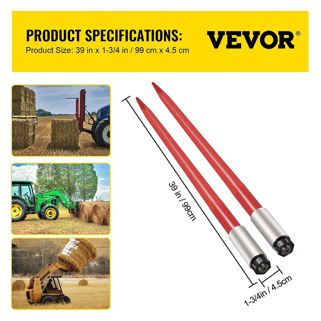 mophorn pair hay spear 39" bale spear 3000 lbs capacity, bale spike quick attach square hay bale spears 1 3/4", red coated bale forks, bale hay spike with hex nut &amp; sleeve for buckets tractors loaders