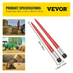 mophorn pair hay spear 39" bale spear 3000 lbs capacity, bale spike quick attach square hay bale spears 1 3/4", red coated bale forks, bale hay spike with hex nut &amp; sleeve for buckets tractors loaders