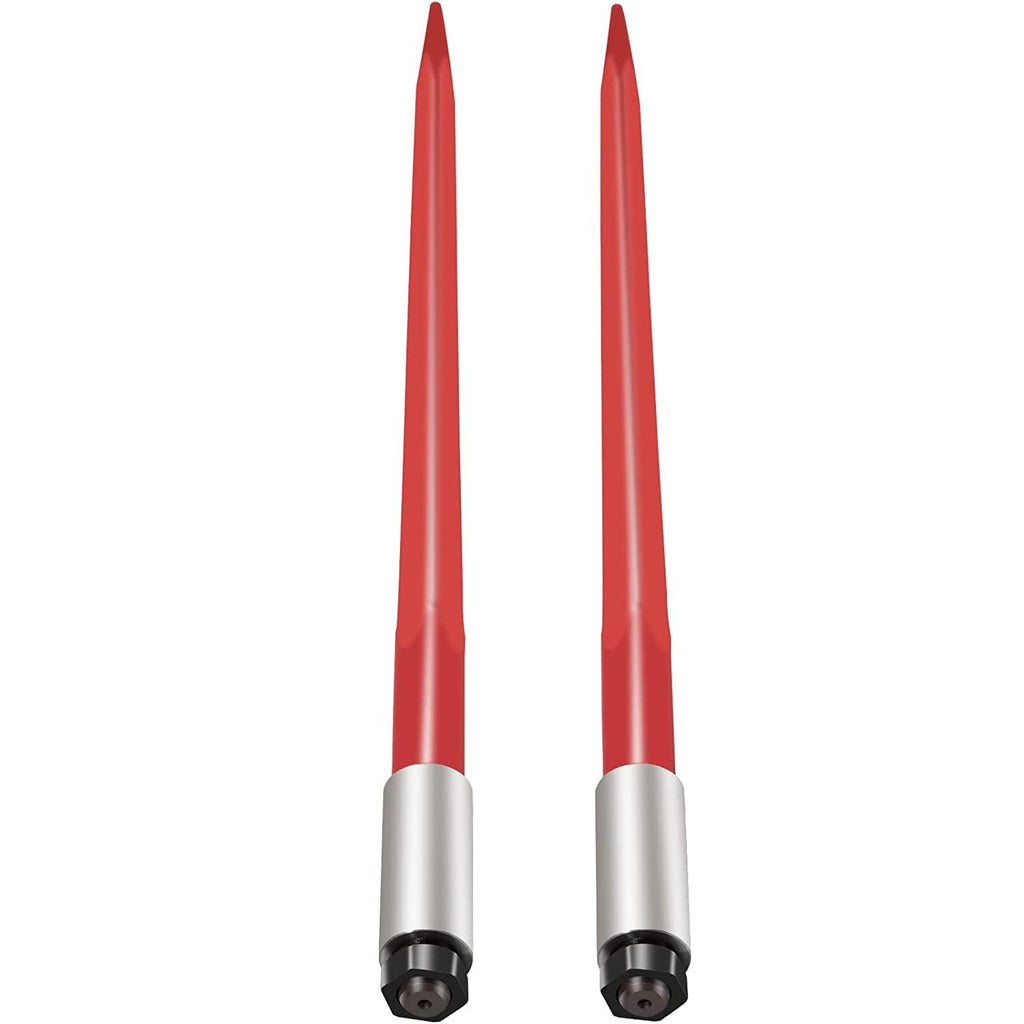 mophorn pair hay spear 39" bale spear 3000 lbs capacity, bale spike quick attach square hay bale spears 1 3/4", red coated bale forks, bale hay spike with hex nut &amp; sleeve for buckets tractors loaders