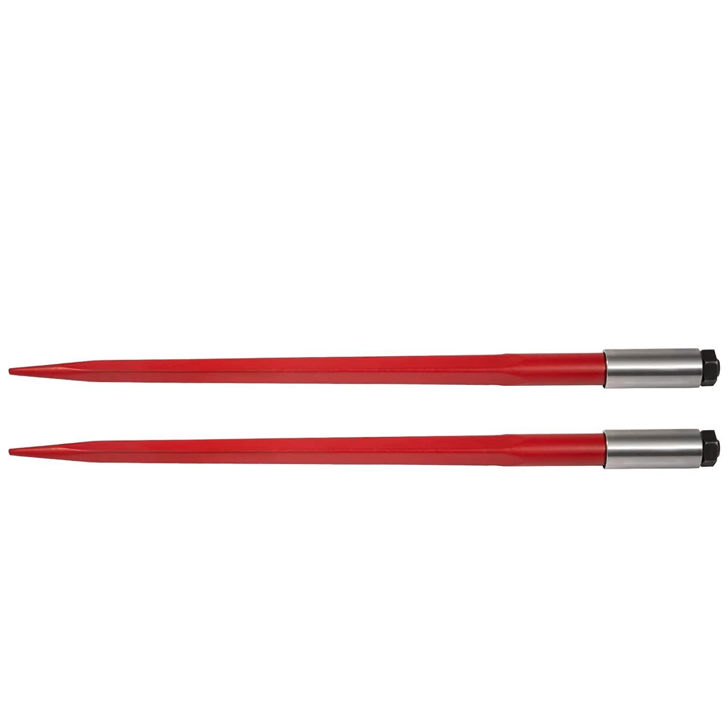 mophorn pair hay spear 39" bale spear 3000 lbs capacity, bale spike quick attach square hay bale spears 1 3/4", red coated bale forks, bale hay spike with hex nut &amp; sleeve for buckets tractors loaders