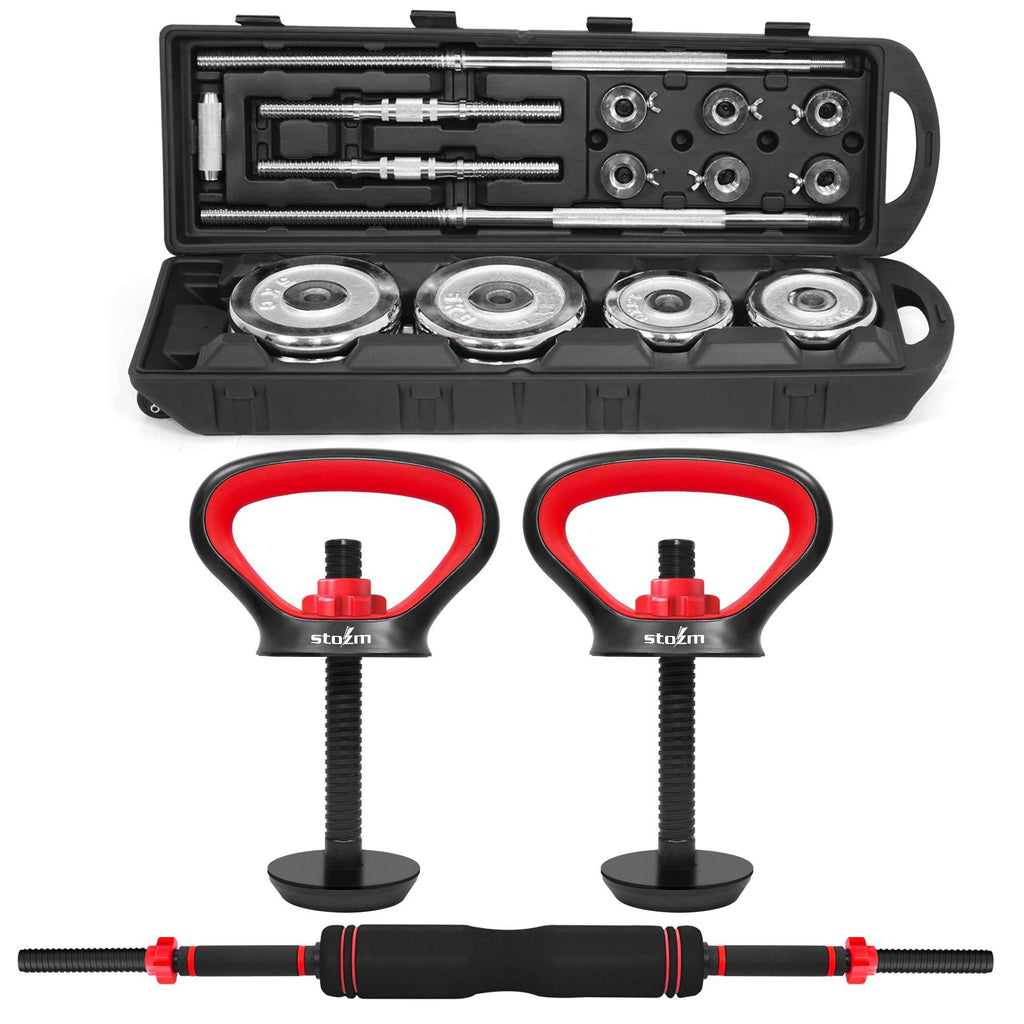 STOZM Multifunctional Fitness Combo of Weightlifting Accessories Set (Red) and Adjustable Dumbbell Set (Chrome, 50kg) for Optimal Kettlebell, Dumbbell and Barbell Training