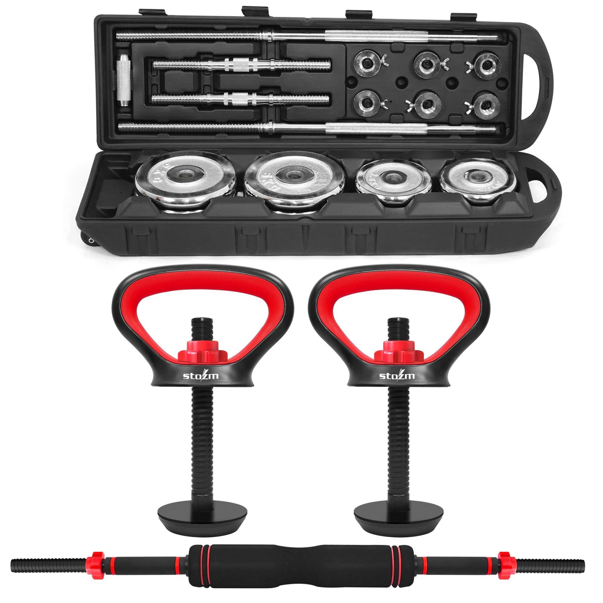 STOZM Multifunctional Fitness Combo of Weightlifting Accessories Set (Red) and Adjustable Dumbbell Set (Chrome, 50kg) for Optimal Kettlebell, Dumbbell and Barbell Training