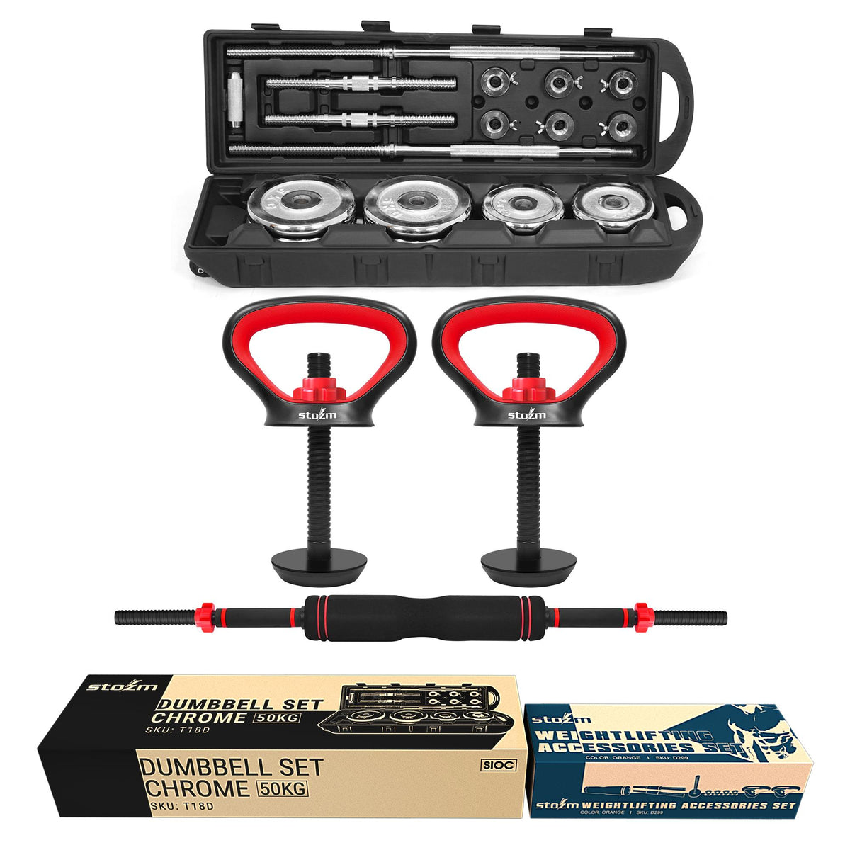 STOZM Multifunctional Fitness Combo of Weightlifting Accessories Set (Red) and Adjustable Dumbbell Set (Chrome, 50kg) for Optimal Kettlebell, Dumbbell and Barbell Training