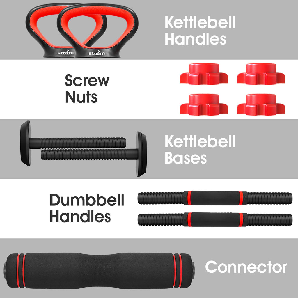 STOZM Multifunctional Fitness Combo of Weightlifting Accessories Set (Red) and Adjustable Dumbbell Set (Chrome, 50kg) for Optimal Kettlebell, Dumbbell and Barbell Training
