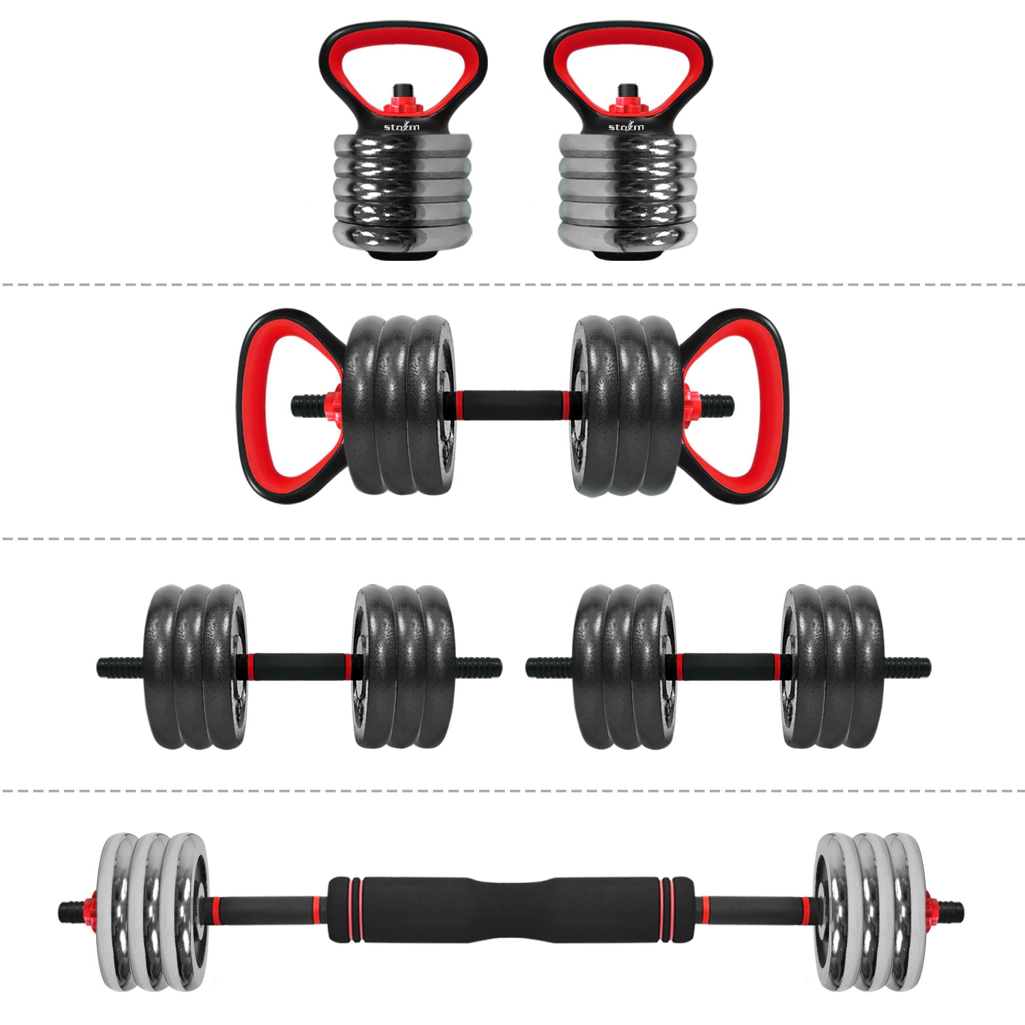 STOZM Multifunctional Fitness Combo of Weightlifting Accessories Set (Red) and Adjustable Dumbbell Set (Chrome, 50kg) for Optimal Kettlebell, Dumbbell and Barbell Training