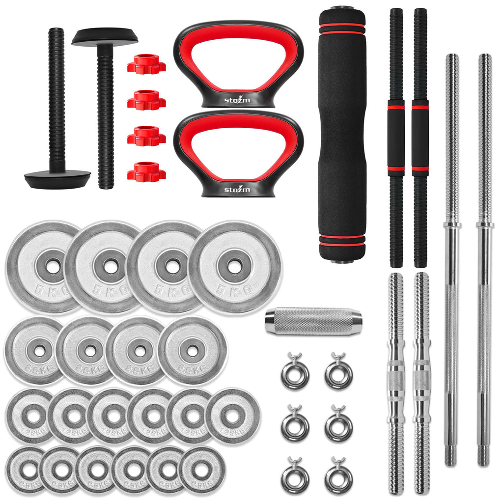 STOZM Multifunctional Fitness Combo of Weightlifting Accessories Set (Red) and Adjustable Dumbbell Set (Chrome, 50kg) for Optimal Kettlebell, Dumbbell and Barbell Training