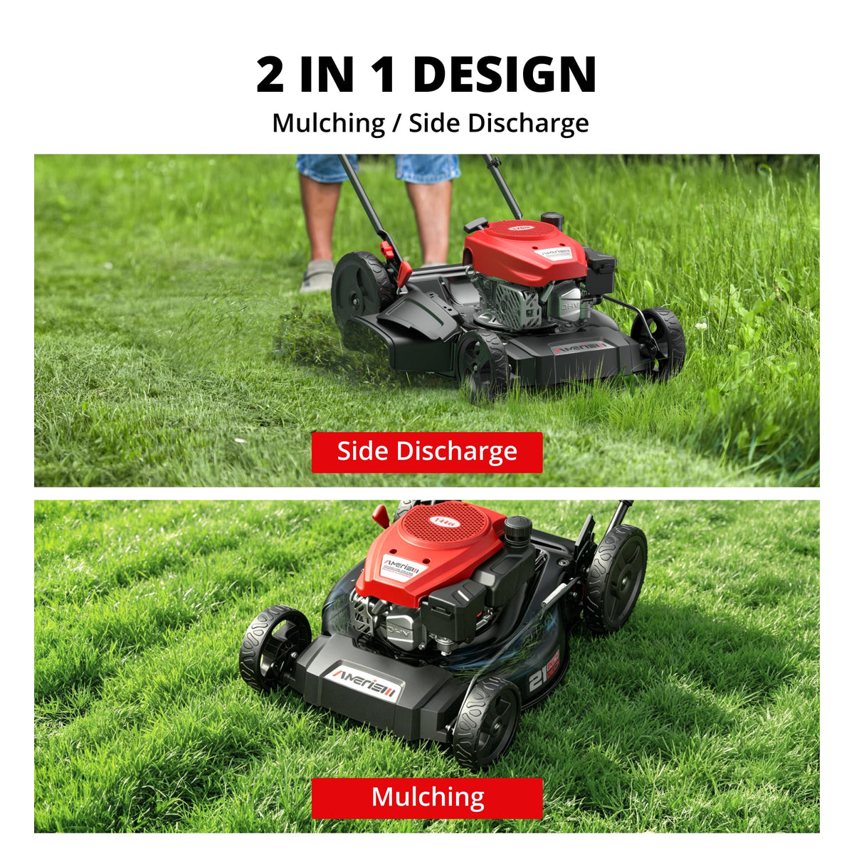 21" Gas Lawn Mower, 144cc Engine, 2-in-1 Mulching &amp; Side Discharge, 6-Position Height Adjustment, Foldable Handles for Lawn, Yard, and Garden Maintenance