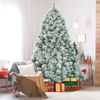 Gymax Green Snow Flocked Pine Hinged Artificial Christmas Tree, with Metal Stand 7'
