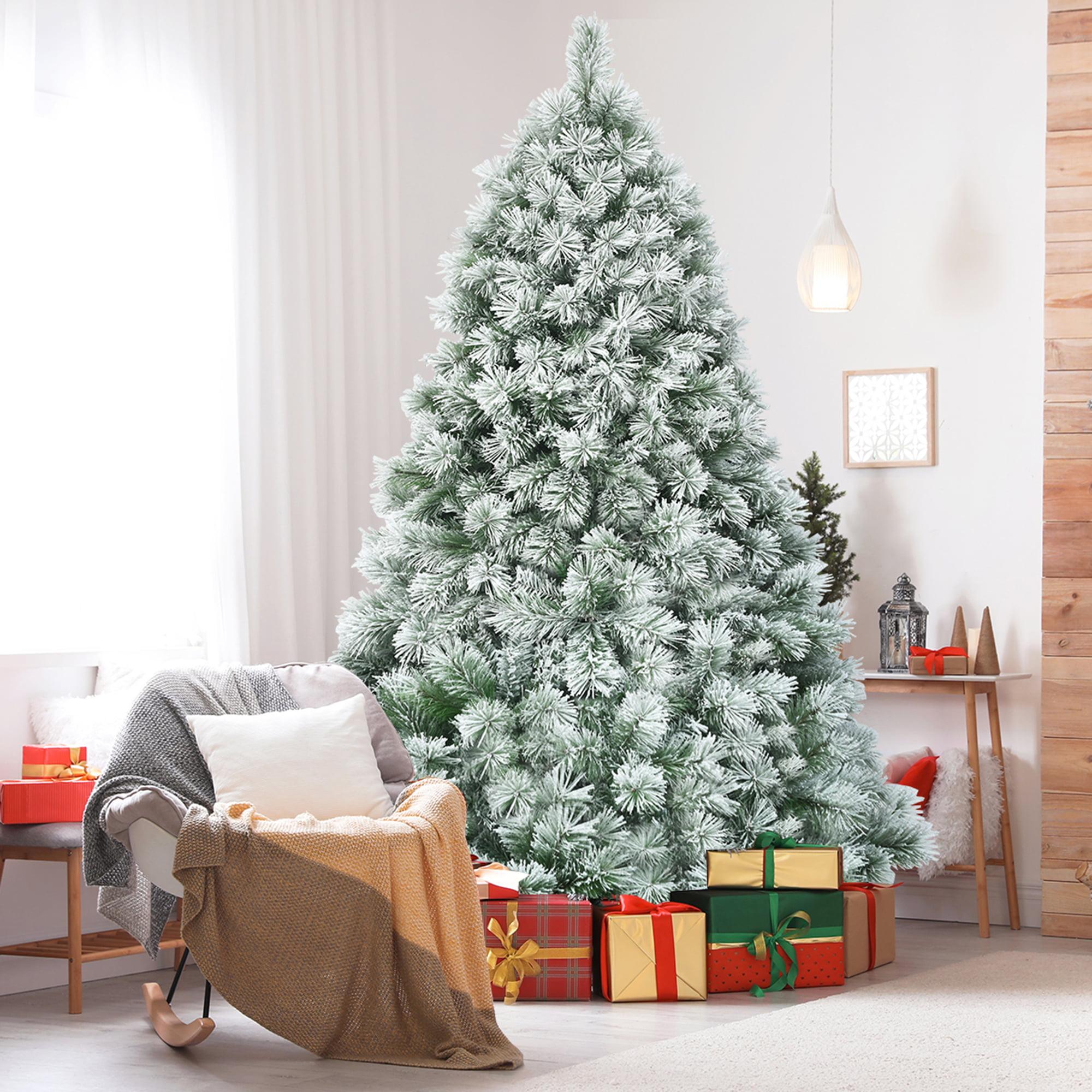 Gymax Green Snow Flocked Pine Hinged Artificial Christmas Tree, with Metal Stand 7'