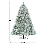 Gymax Green Snow Flocked Pine Hinged Artificial Christmas Tree, with Metal Stand 7'
