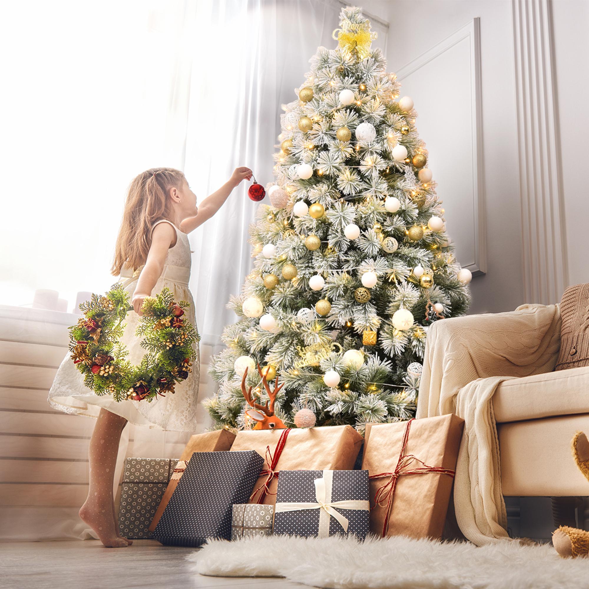 Gymax Green Snow Flocked Pine Hinged Artificial Christmas Tree, with Metal Stand 7'