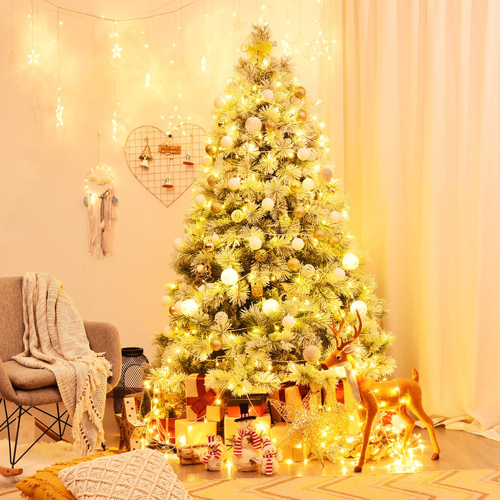 Gymax Green Snow Flocked Pine Hinged Artificial Christmas Tree, with Metal Stand 7'