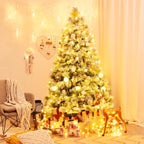 Gymax Green Snow Flocked Pine Hinged Artificial Christmas Tree, with Metal Stand 7'