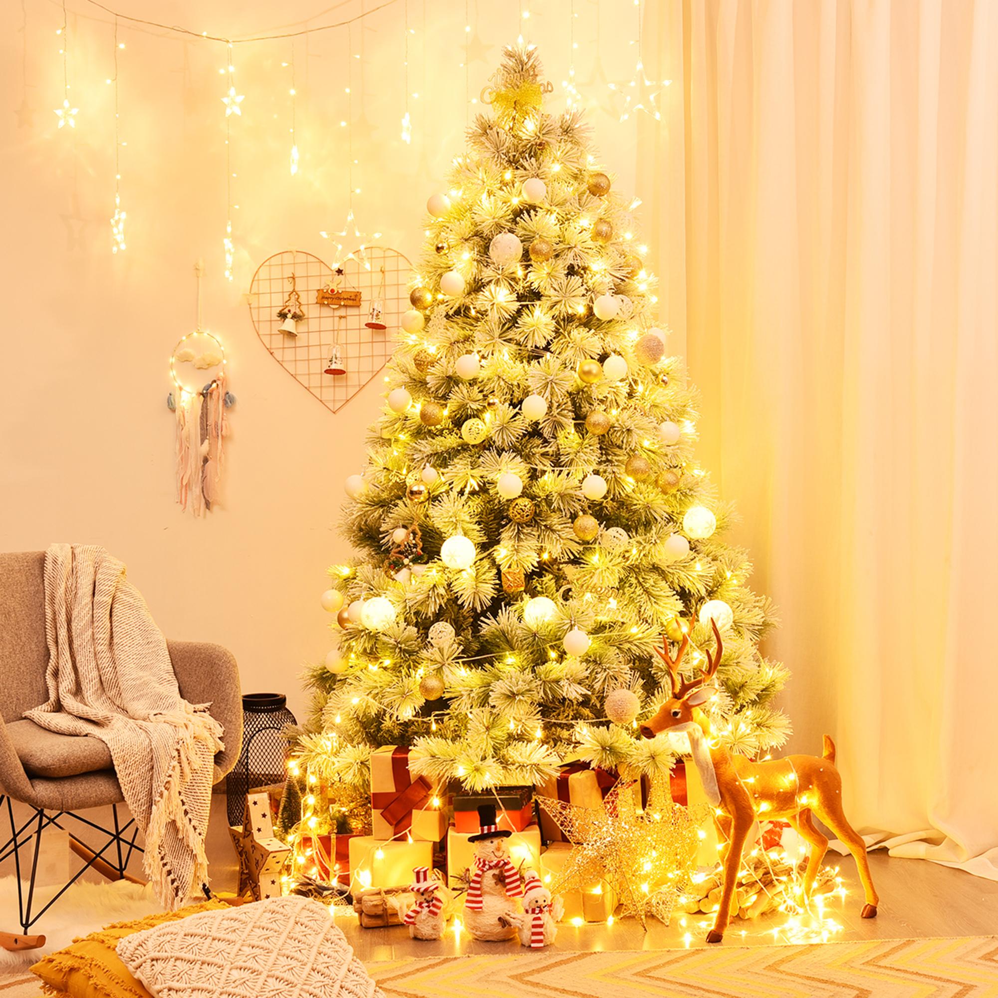 Gymax Green Snow Flocked Pine Hinged Artificial Christmas Tree, with Metal Stand 7'
