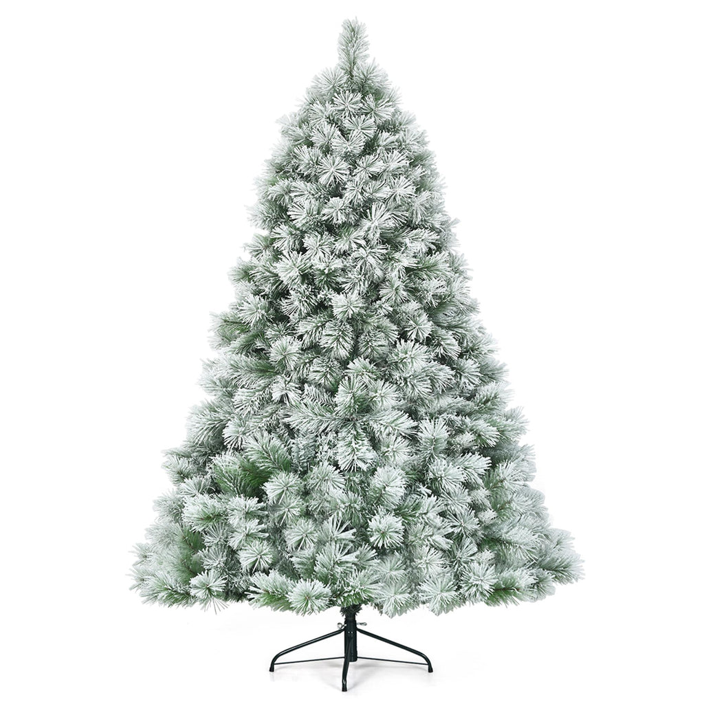 Gymax Green Snow Flocked Pine Hinged Artificial Christmas Tree, with Metal Stand 7'