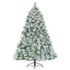 Gymax Green Snow Flocked Pine Hinged Artificial Christmas Tree, with Metal Stand 7'