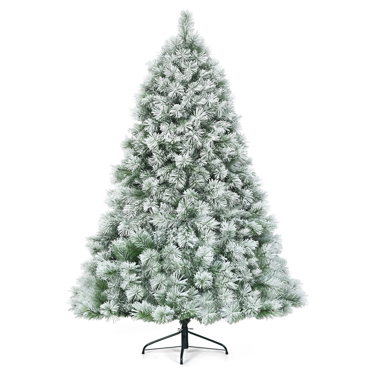 Gymax Green Snow Flocked Pine Hinged Artificial Christmas Tree, with Metal Stand 7'