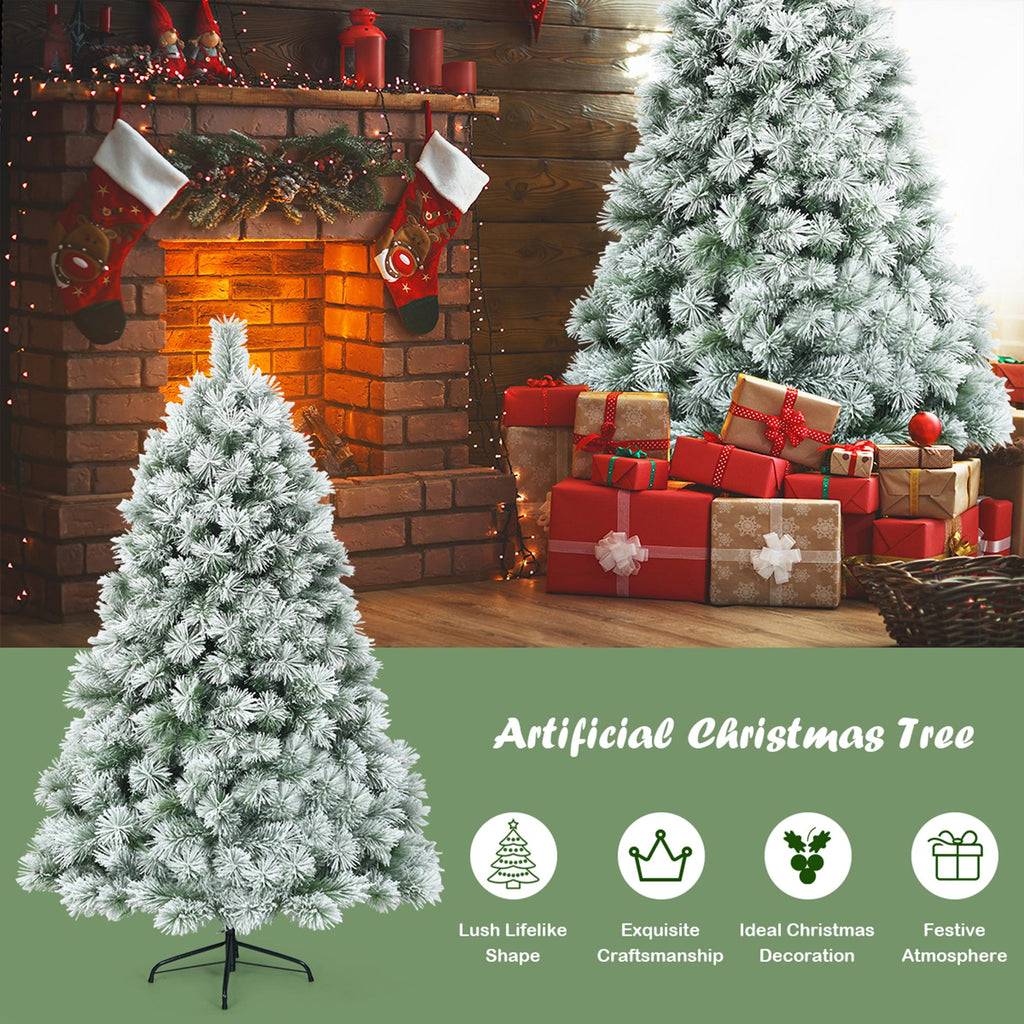 Gymax Green Snow Flocked Pine Hinged Artificial Christmas Tree, with Metal Stand 7'