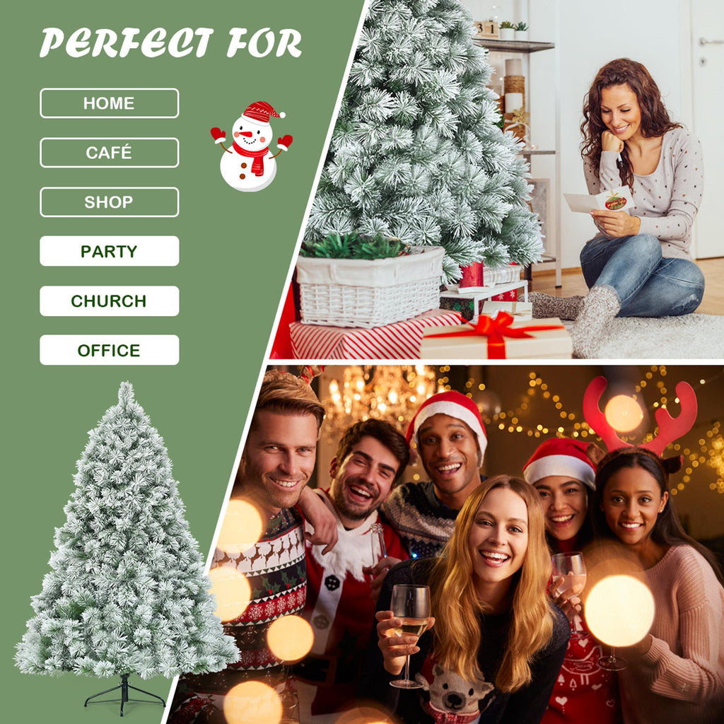 Gymax Green Snow Flocked Pine Hinged Artificial Christmas Tree, with Metal Stand 7'