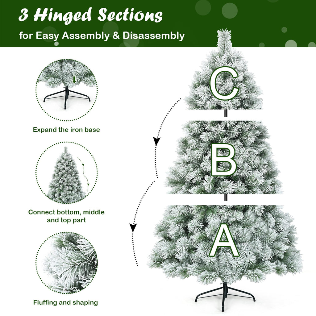 Gymax Green Snow Flocked Pine Hinged Artificial Christmas Tree, with Metal Stand 7'