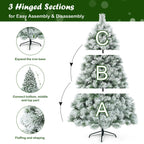 Gymax Green Snow Flocked Pine Hinged Artificial Christmas Tree, with Metal Stand 7'