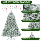 Gymax Green Snow Flocked Pine Hinged Artificial Christmas Tree, with Metal Stand 7'