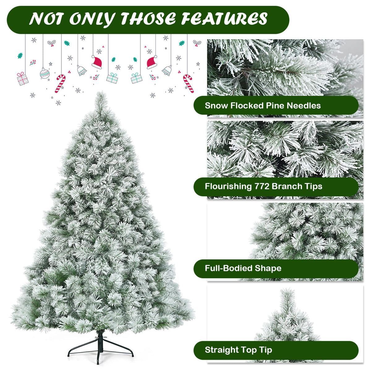 Gymax Green Snow Flocked Pine Hinged Artificial Christmas Tree, with Metal Stand 7'