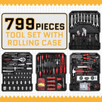 799pcs Aluminum Trolley Case Tool Set Silver, House Repair Kit Set, Household Hand Tool Set, with Tool Belt,Gift on Father's Day (Black)