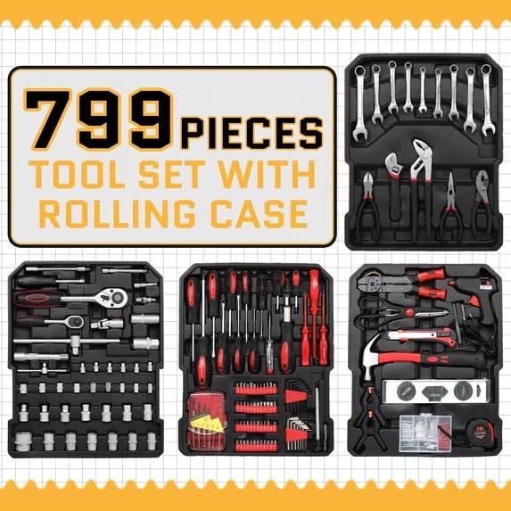 799pcs Aluminum Trolley Case Tool Set Silver, House Repair Kit Set, Household Hand Tool Set, with Tool Belt,Gift on Father's Day (Black)
