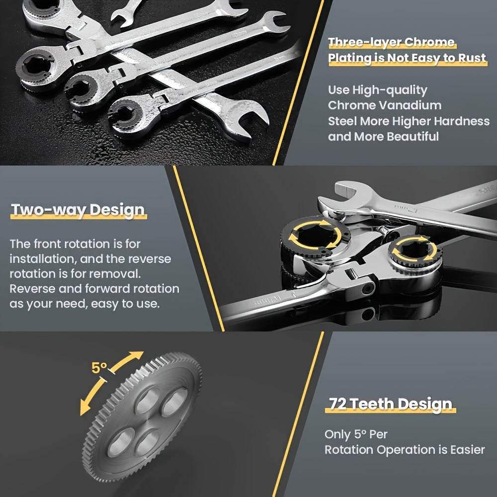 6pcs/set Tubing Ratchet Wrench Metric Tubing Wrench Set, Open Flexible Head 72 Teeth For Car Repair Oil Wrenches Hand Tools