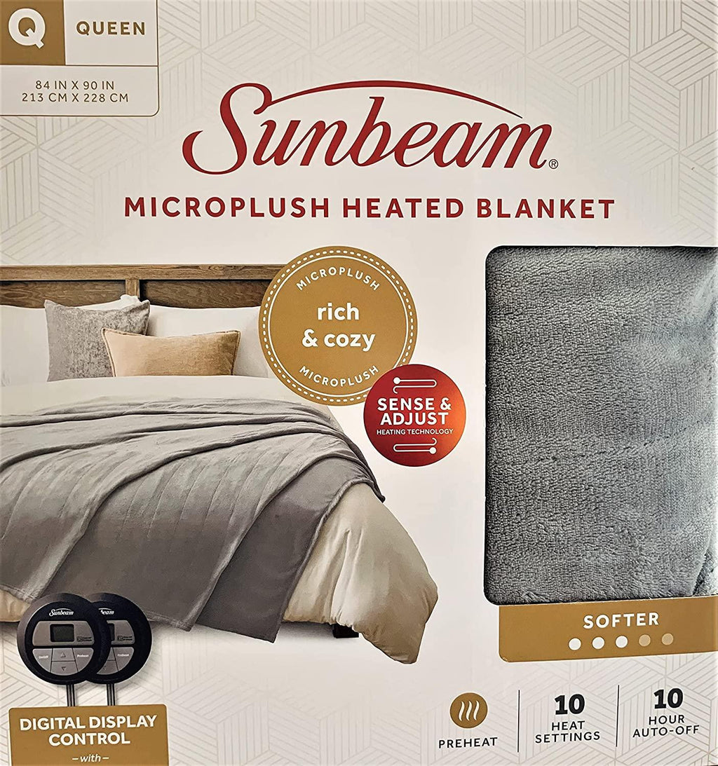 Sunbeam Queen MicroPlush Heated Electric Warming Blanket 10 Heat Settings 2-Digital Controllers Machine Washable  Light Grey  Queen