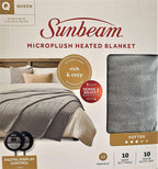 Sunbeam Queen MicroPlush Heated Electric Warming Blanket 10 Heat Settings 2-Digital Controllers Machine Washable  Light Grey  Queen