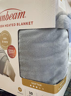 Sunbeam Queen MicroPlush Heated Electric Warming Blanket 10 Heat Settings 2-Digital Controllers Machine Washable  Light Grey  Queen