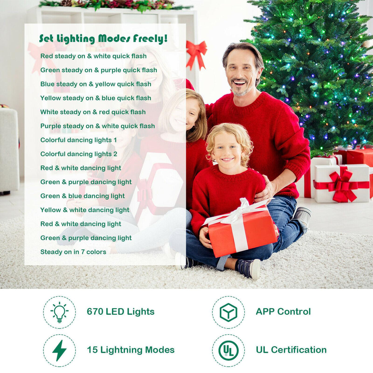 8ft App-Controlled Pre-lit Christmas Tree w/ 15 Modes Multicolor Lights