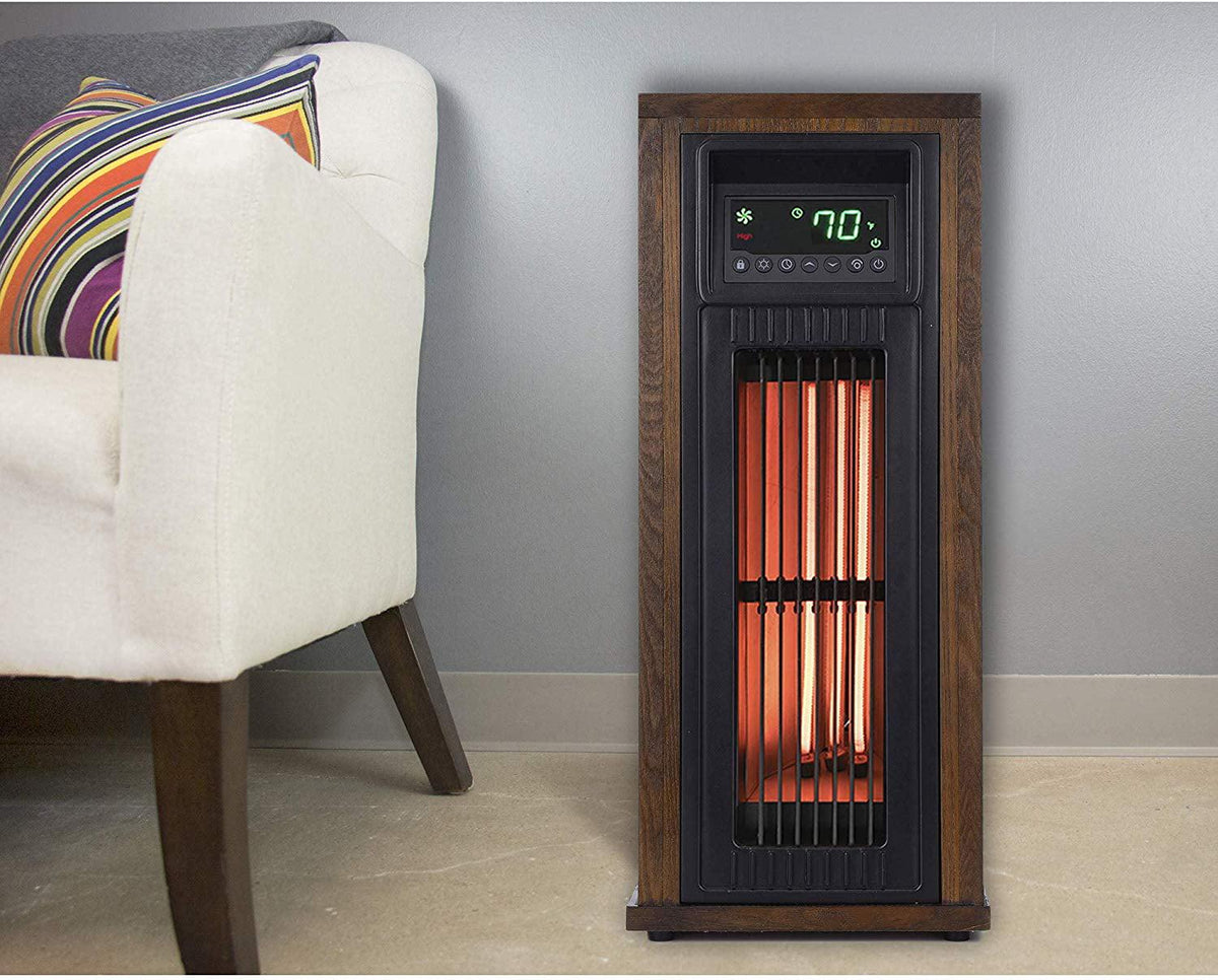 Lifesmart Infrared Tower Heater with Triple Oversized Infrared Elements, Multiple Comfort Settings, Wood Cabinet and Full Function Remote
