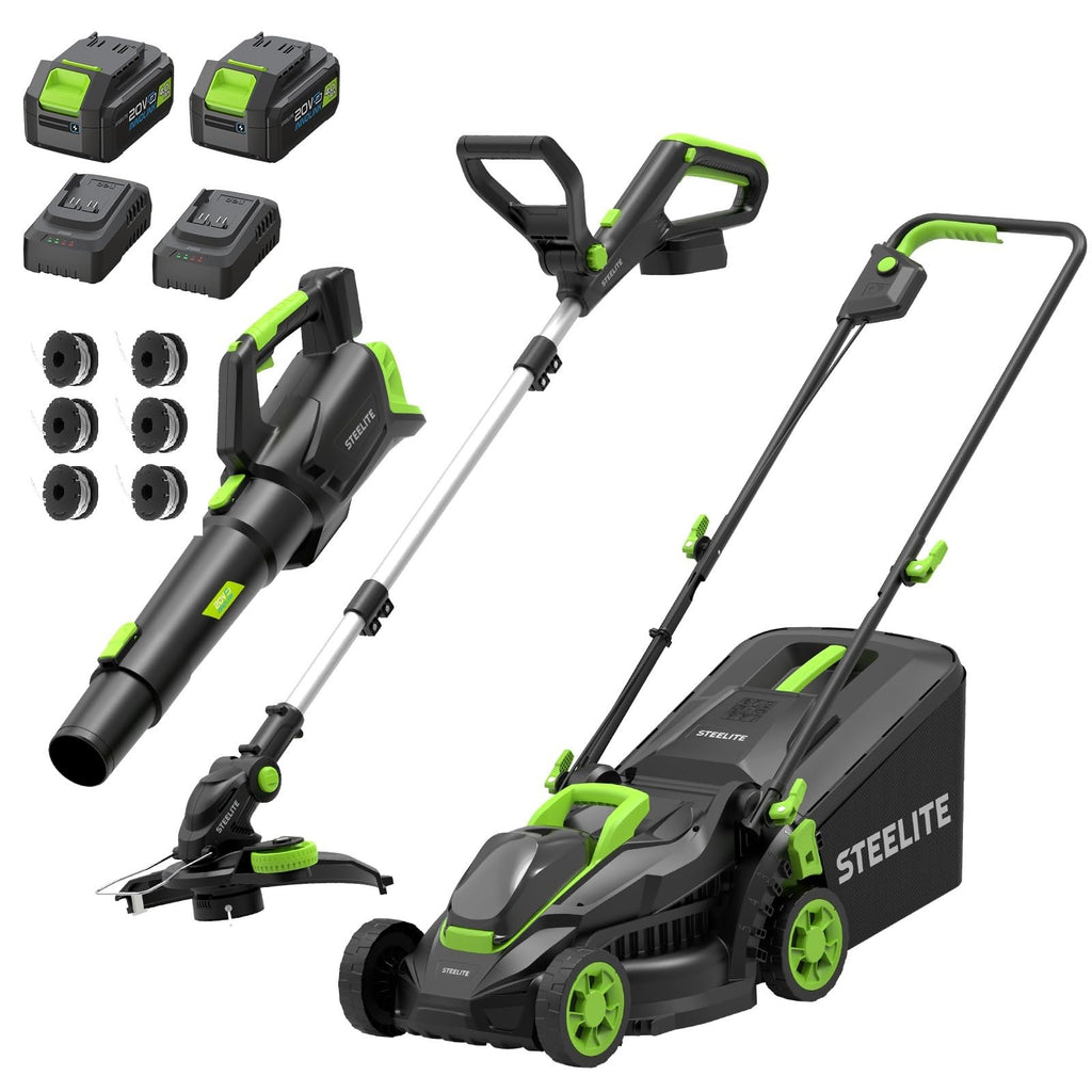 3-in-1 Cordless Lawn Mower, String Trimmer/Edger and Leaf Blower Combo, 20V Yard Tool Kit with 2 x 4.0Ah Batteries &amp; 2 Chargers, 13 Inch Brushless Battery Powered Lawn Mower for Small Yards