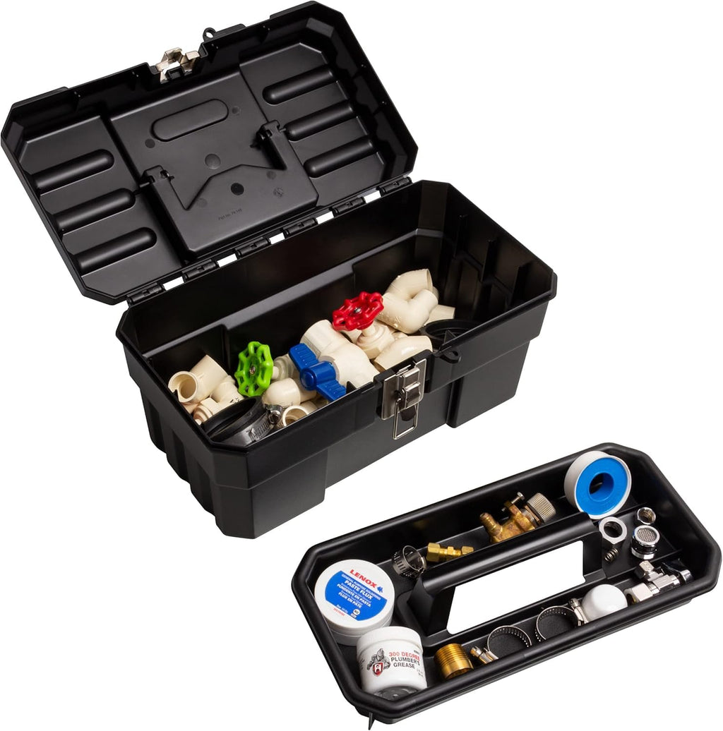 14-Inch Plastic Toolbox with Removable Tray, Steel Latch & Padlock Eye, Industrial-Grade Tool Box for Tools, Crafts, First Aid & Hobby Supplies, 14" x 8" x 8", Made in USA, Black (09514)