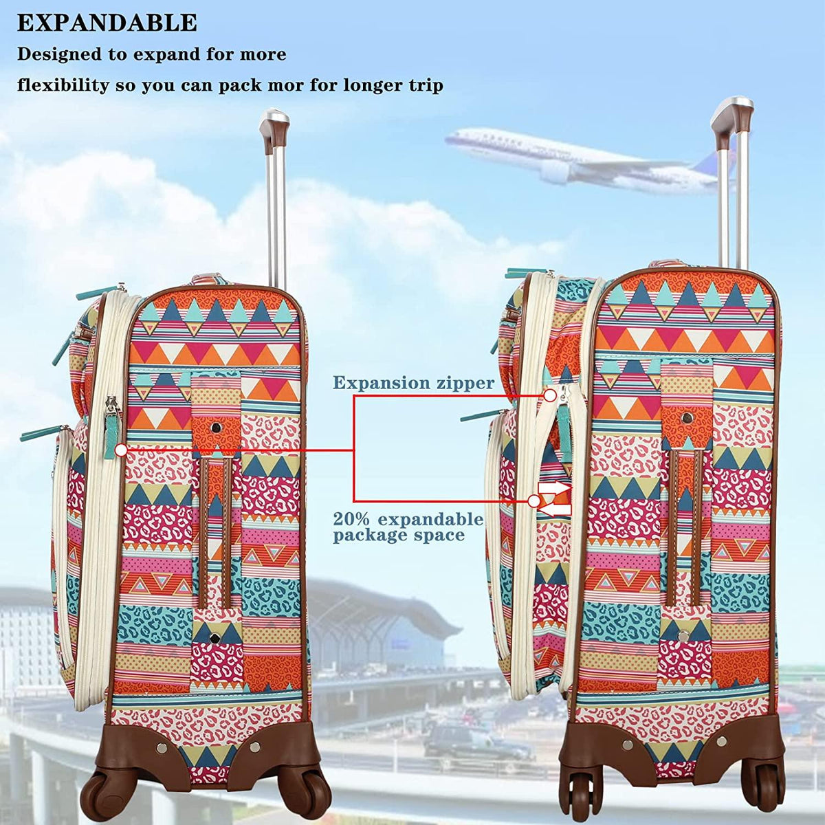 er Pattern Collection 3 Piece Luggage Set Lightweight Expandable Softside Suitcase With Spinner Wheels For Women-Travel Set includes 20 Inches Carry On, 24 Inch &amp; 28-Inch Checked Bag
