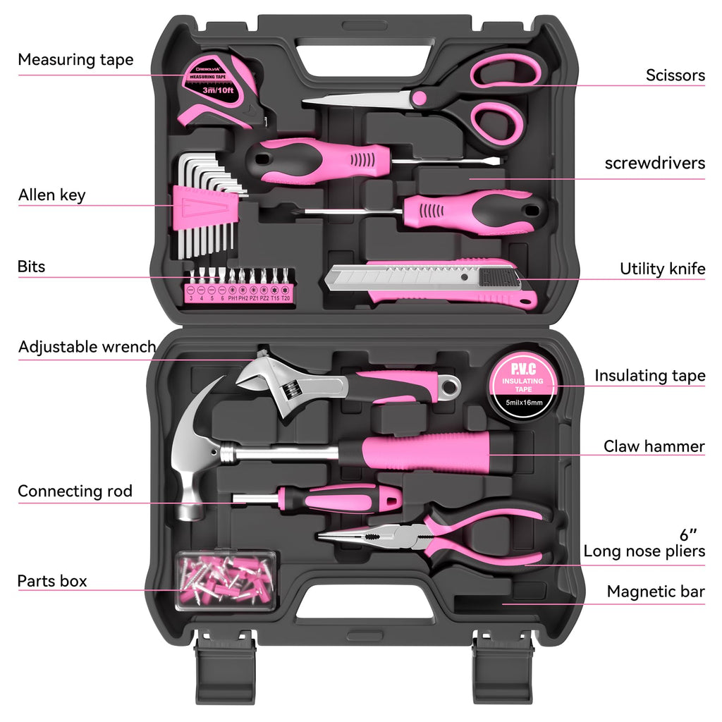 Pink Tool Kit 69 Piece Tool Kit for Women Small Basic Hand Tool Box Home Tool Set Perfect for Ladies and Girls with General Home Repairs, DIY Project,Office and ColleDormitory Use