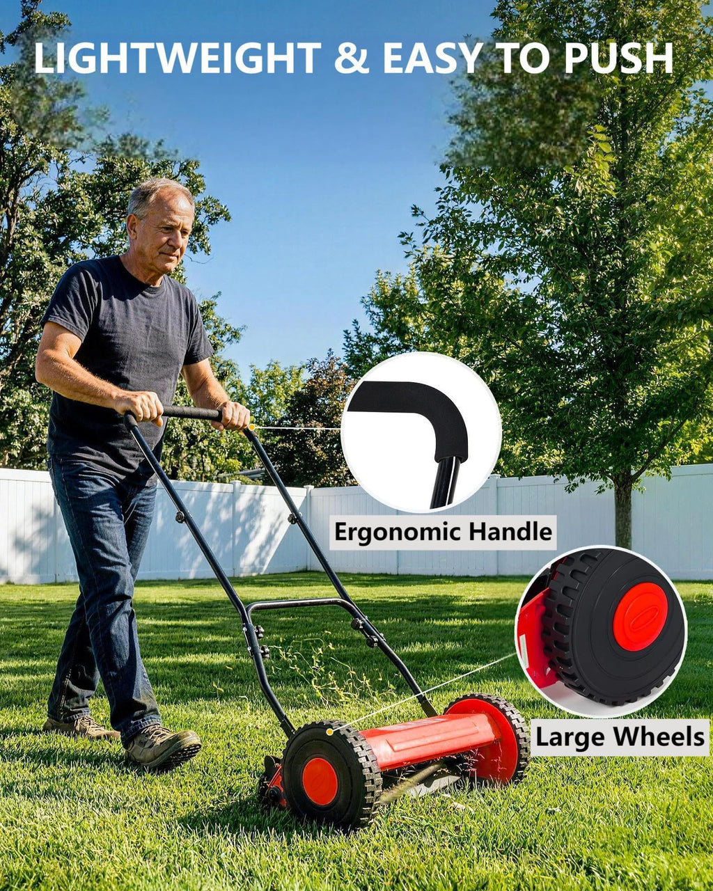 14-Inch Hand Push Reel Lawn Mower, 5-Blade Manual Push Lawnmower, 0.4-4" Adjustable Cutting Height, Lightweight for Small/Medium Yards, Easy Assembly, Compact &amp; Quiet, Red