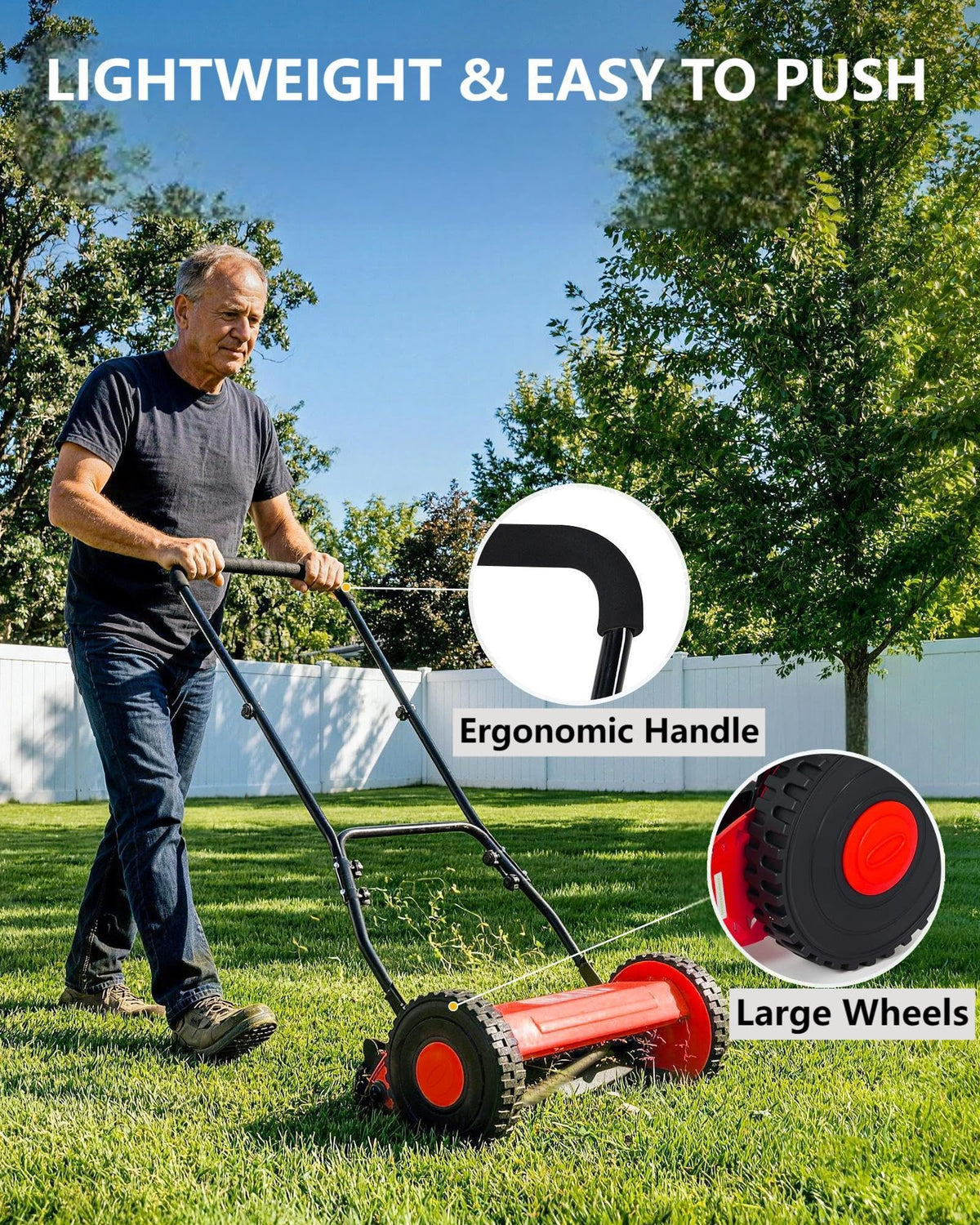 14-Inch Hand Push Reel Lawn Mower, 5-Blade Manual Push Lawnmower, 0.4-4" Adjustable Cutting Height, Lightweight for Small/Medium Yards, Easy Assembly, Compact &amp; Quiet, Red