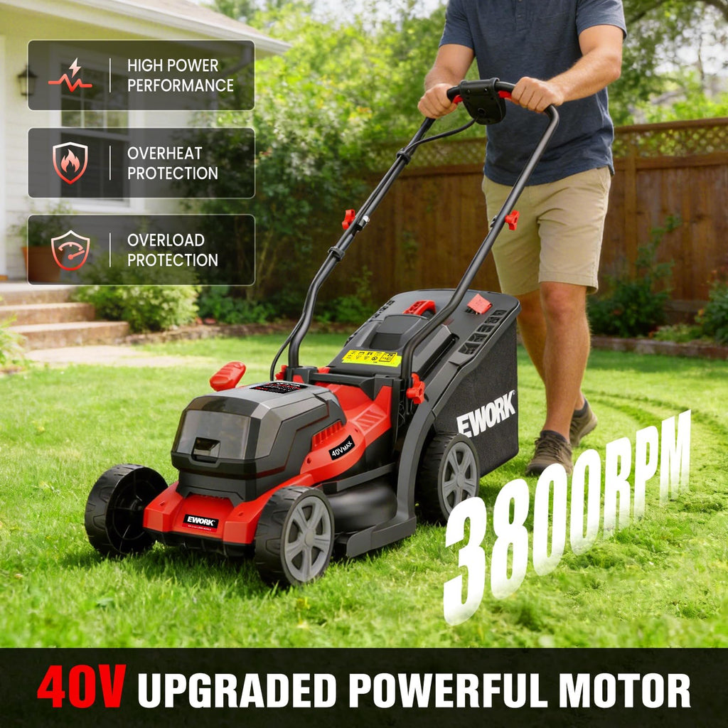 40V 14" Electric Lawn Mower Cordless with 2*4.0Ah Batteries &amp; Charger | 6-Height Adjustment, Electric Push Mower with 9-Gallon Grass Bag, Battery Powered Lawnmower for Yard, Lawn Care