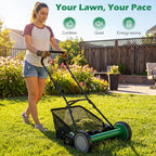 Push Reel Lawn Mower, Cordless 18" Manganese Steel Manual Grass Cutter with 5-Blade, Removable Grass Catcher, 9 Cutting Heights, Walk-Behind Lawn Mower for Garden Farm Yard (Green)