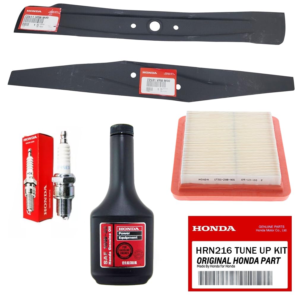 HRN216 Lawn Mower Tune Up Kit - Includes 17211-Z8B-901 Air Filter, 98079-55846 Spark Plug, 08213-10W30 12oz Bottle of 10W-30 Oil, 72531-VR8-M00 Lower Blade and 72511-VR8-M00 Upper Blade