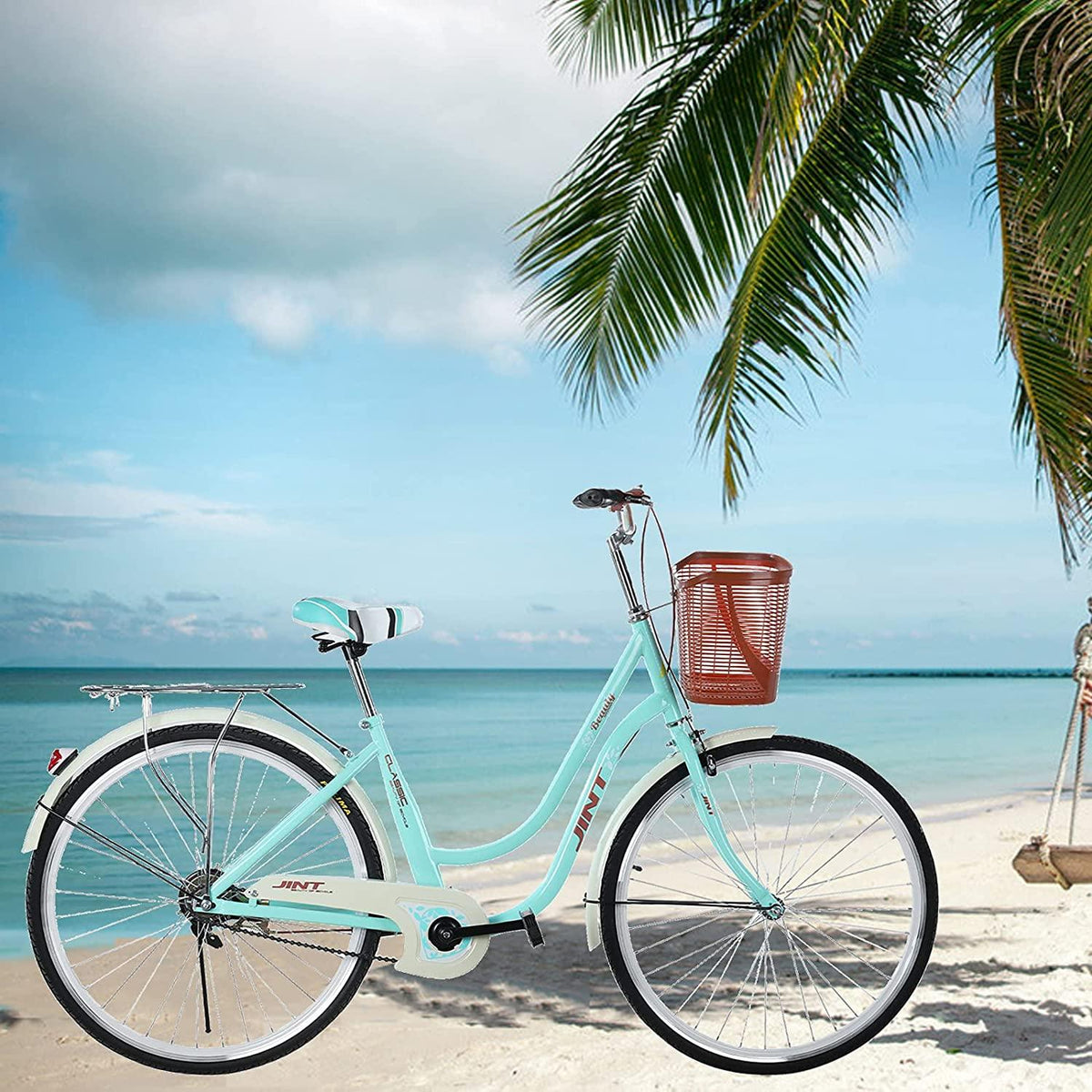 Womens Cruiser Bike 26 Inch Beach Cruiser Bike Classic Retro Bicycle Road Bikes, Single Speed Bicycle Commuter Bicycle High-Carbon Steel Frame, Front Basket, Rear Racks